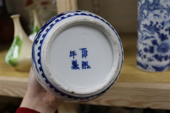 A Chinese blue and white jar and a pair of vases